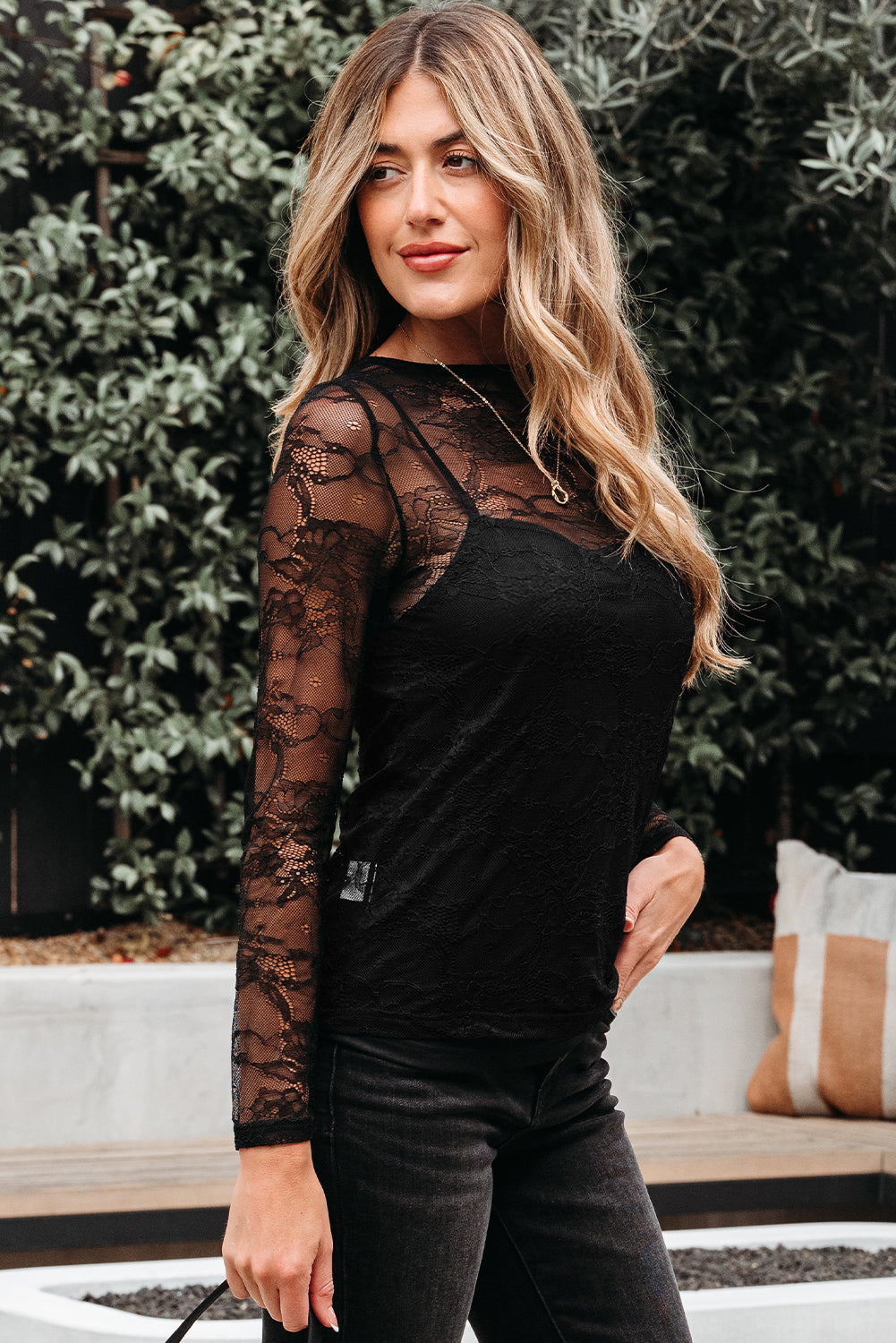 Lace Crochet Mesh Patched Slim Fit Long Sleeve Top