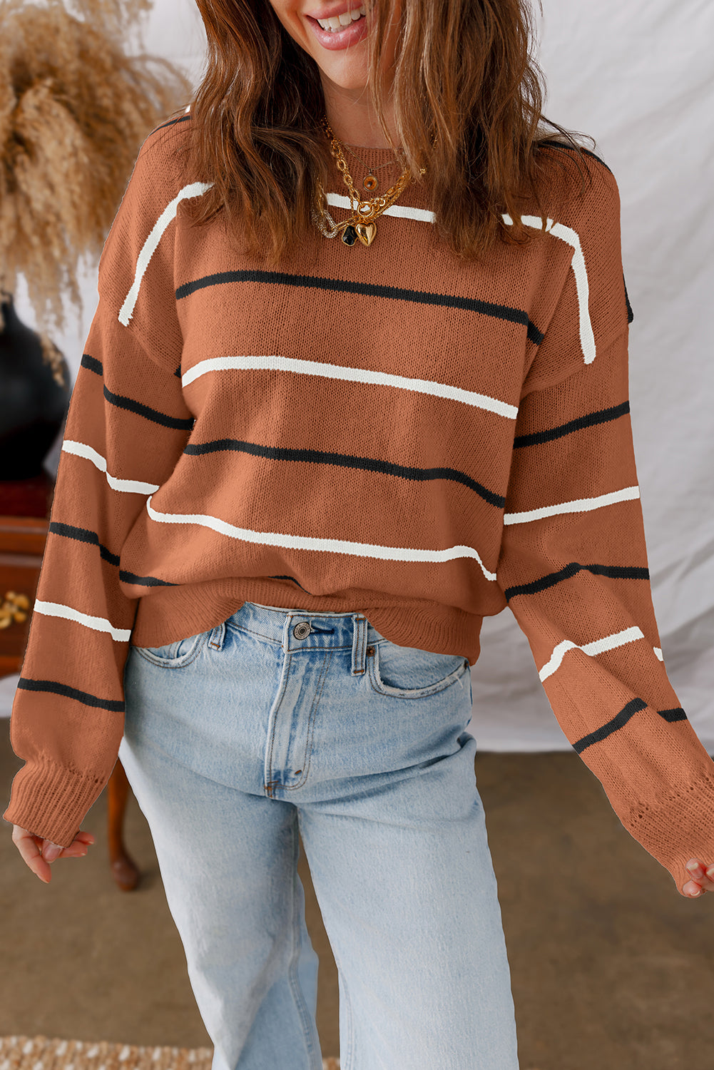 Stripe Ribbed Edge Drop Shoulder Sweater