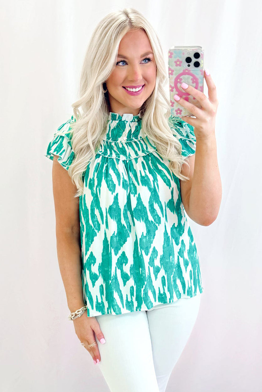 Abstract Print Frilled Crewneck Loose Fit Blouse