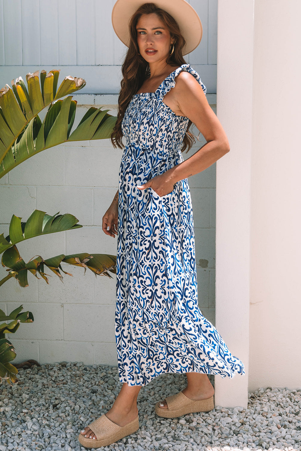 Boho Print Smocked High Waist Maxi Dress