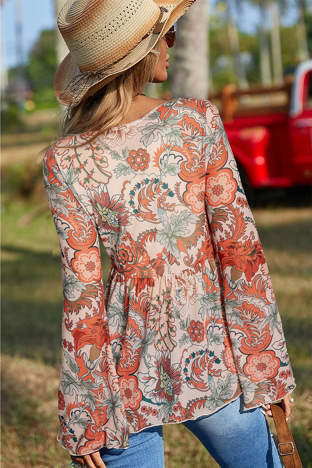 Floral Print Deep V Neck Knot Bell Sleeve Blouse