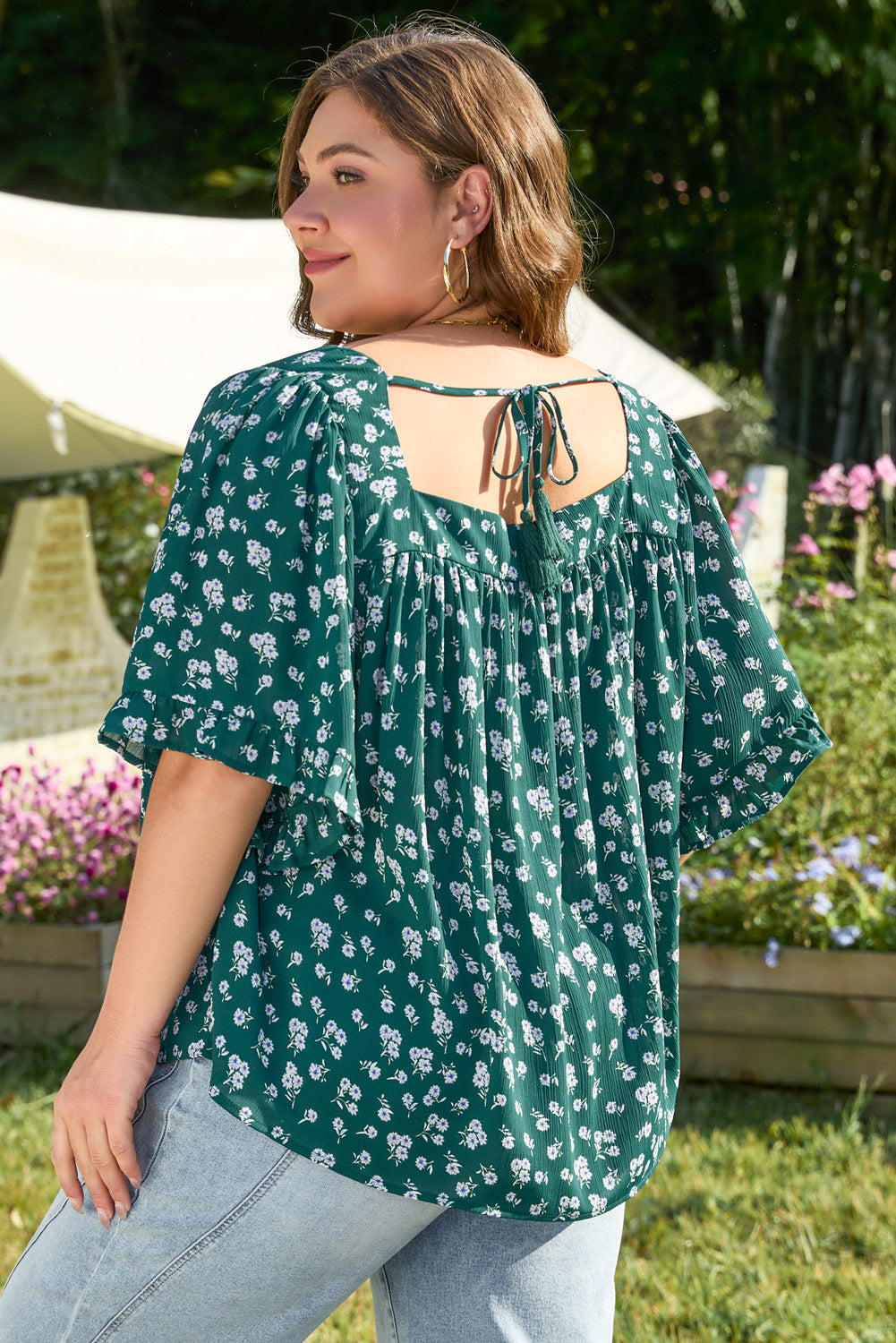 Floral Print Square Neck Ruffled Trim Plus Size Blouse