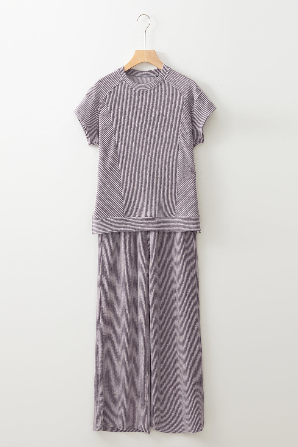Solid Corded Knit Short Sleeve T Shirt and Wide Leg Pants Set