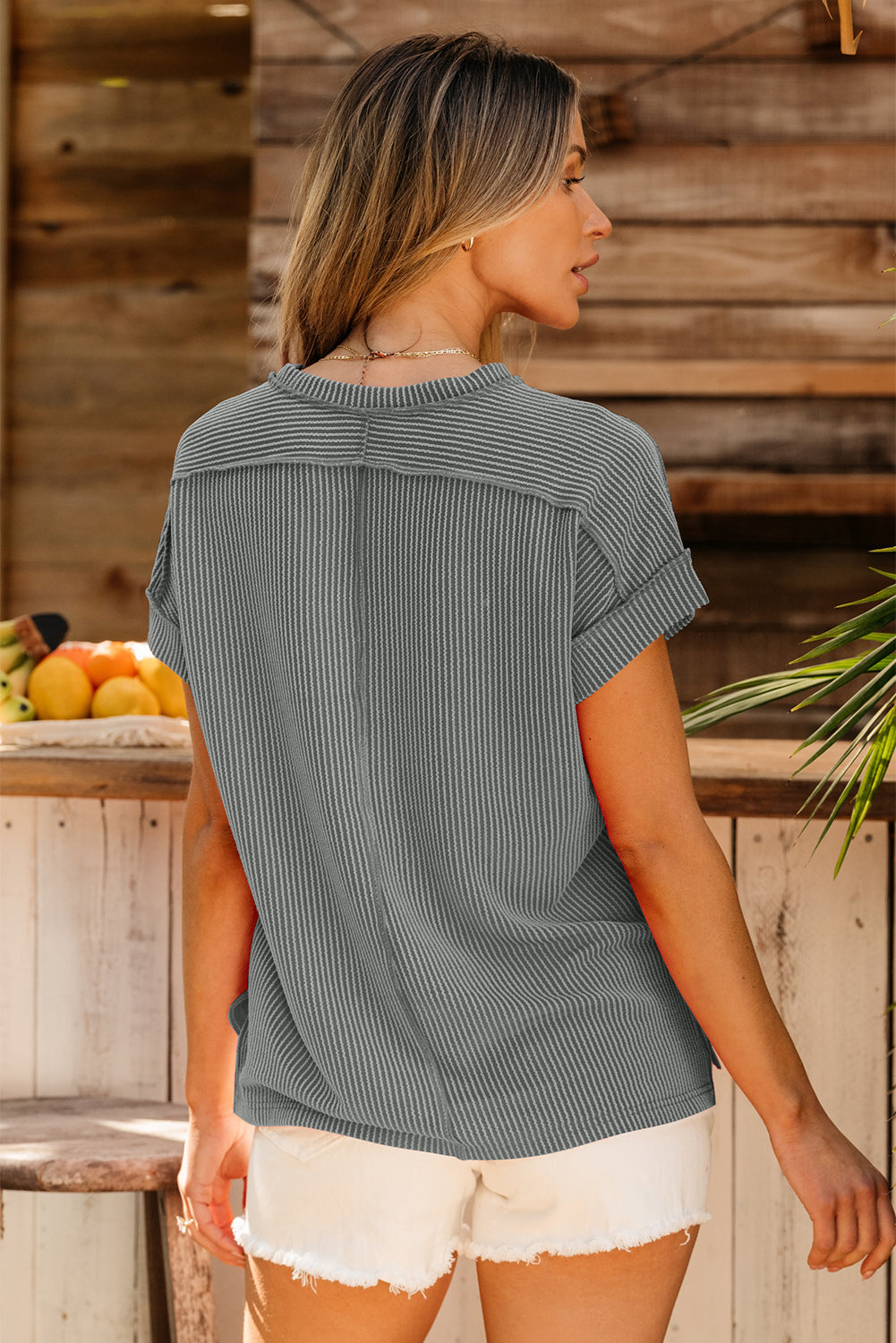 Textured Knit Exposed Stitching T-shirt
