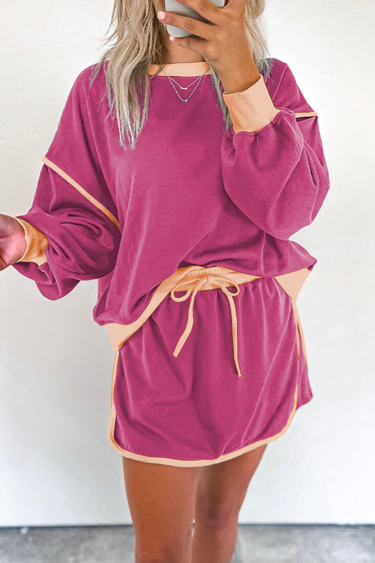 Color Contrast Loose Pullover and Lace-up Waist Skort Set