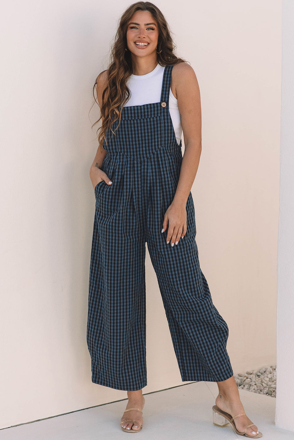 Plaid Print Buttoned Pocketed High Waist Overall