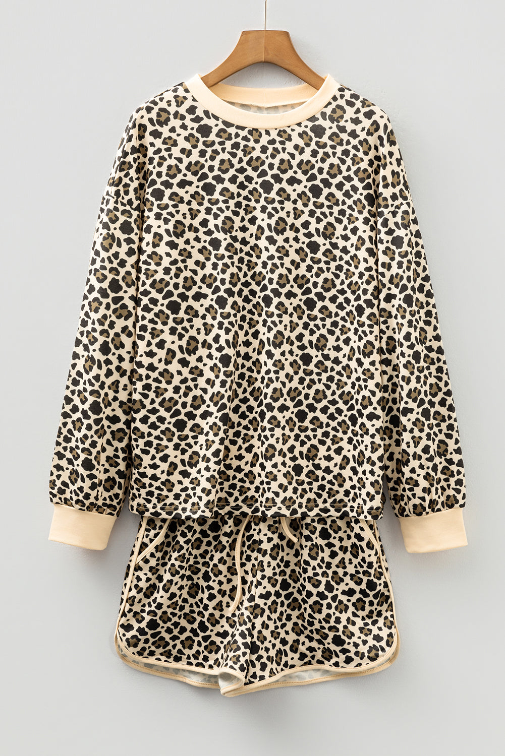 Leopard Print Contrast Trim Long Sleeve Pullover Drawstring Shorts 2pcs Outfit