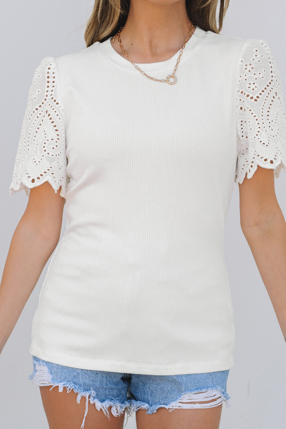 Eyelet Pattern Short Sleeve Patchwork Ribbed Top