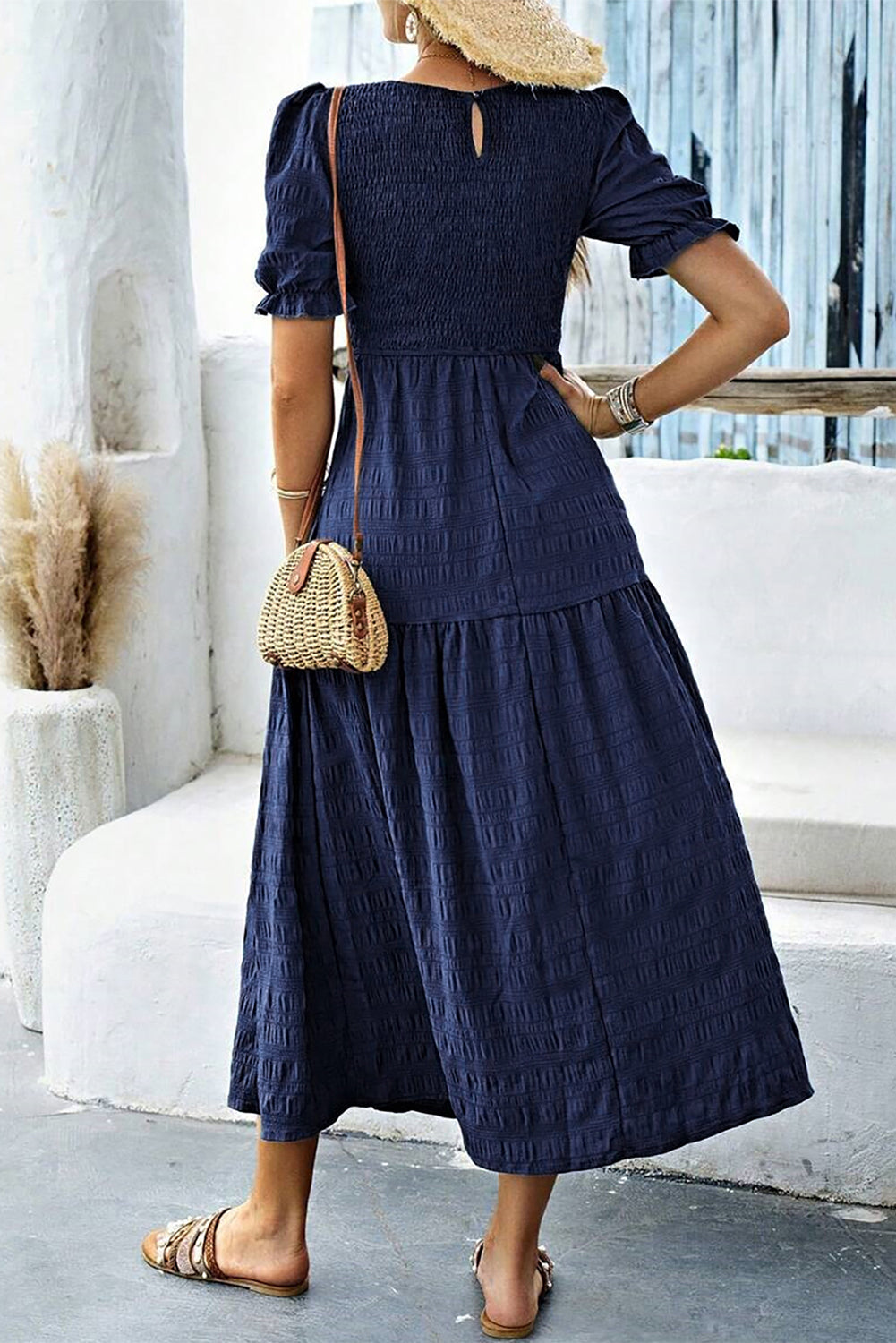 Solid Textured Smocked Puff Short Sleeve High Waist Long Dress