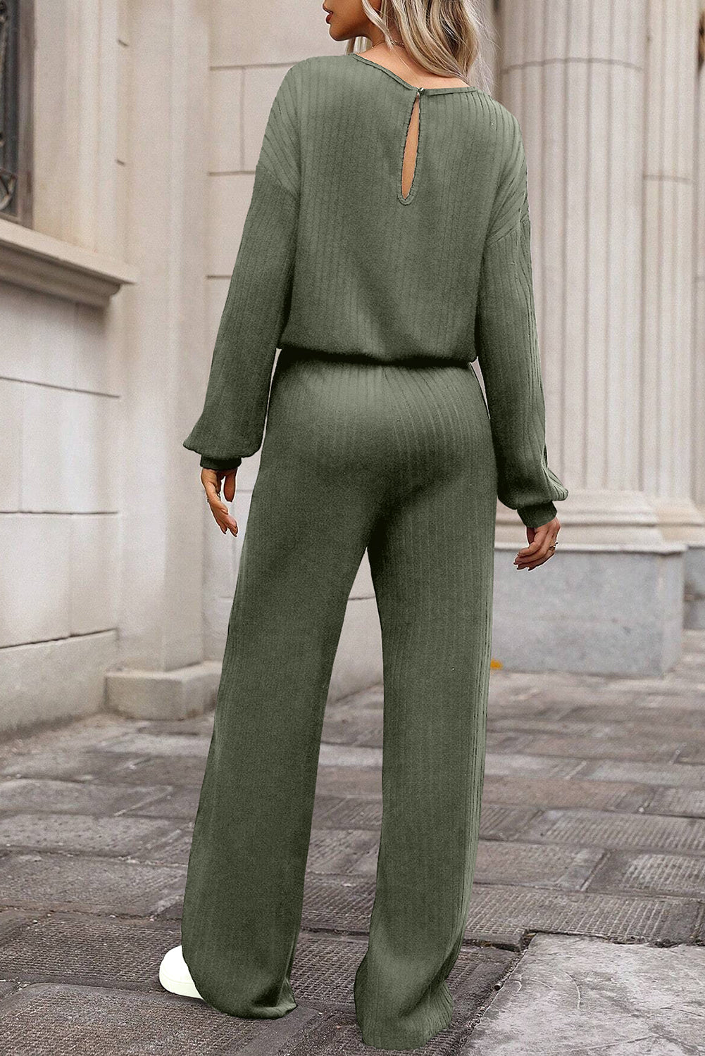 Solid Ribbed Knit Keyhole Back High Waist Jumpsuit