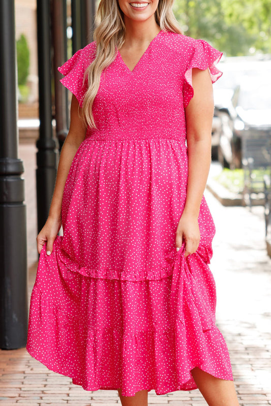 Polka Dot Print Ruffled Smocked High Waist Plus Midi Dress