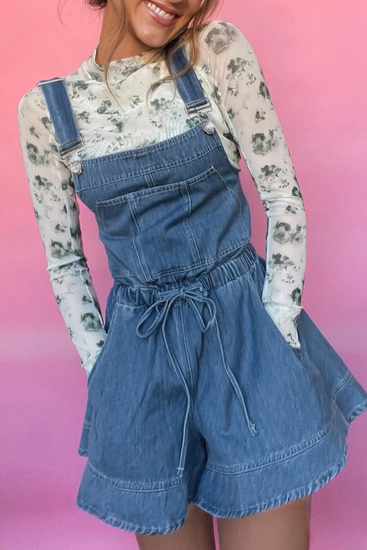 Buckle Straps Bib Style Drawstring Tied Backless Flared Denim Romper