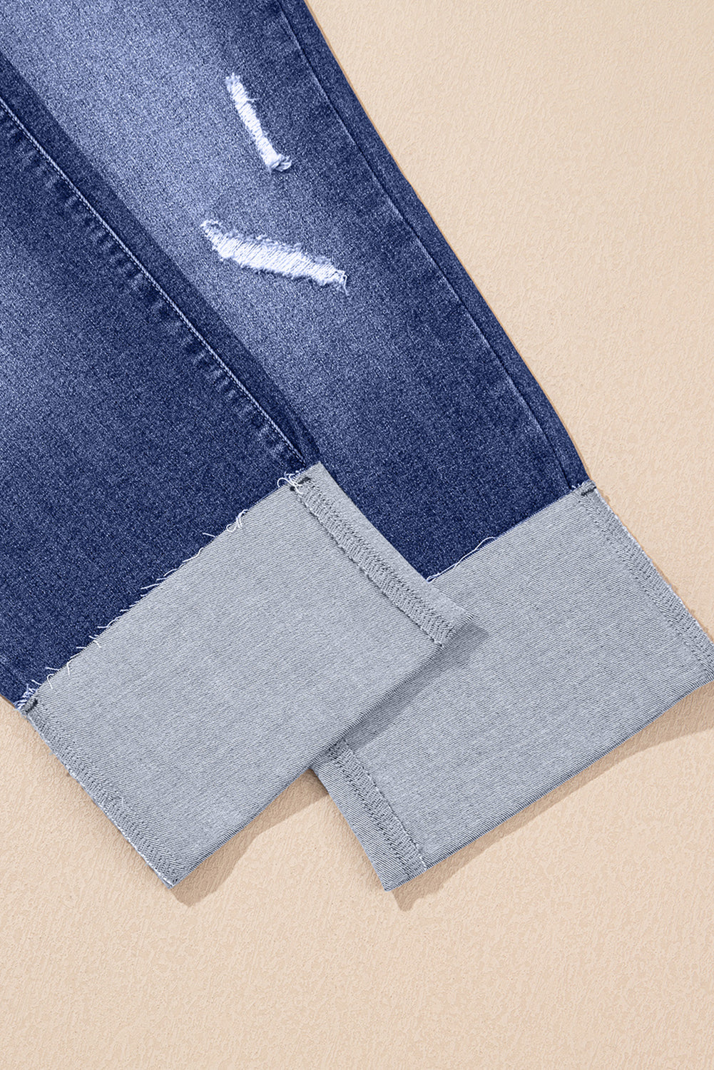 Folded Cuffs Distressed Straight High Waist Jeans