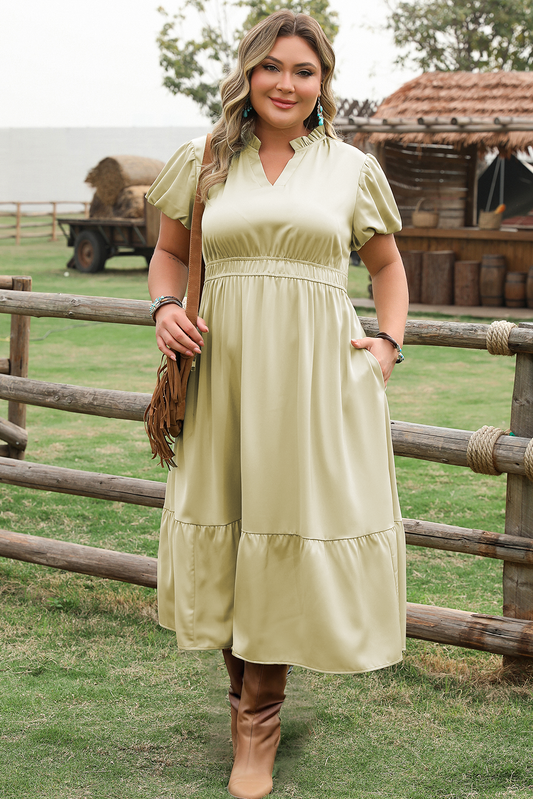 Notched V Neck Puff Sleeve Tiered Plus Size Maxi Dress