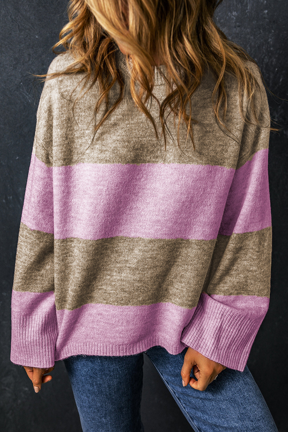 Stripe Crew Neck Wide Sleeve Colorblock Sweater