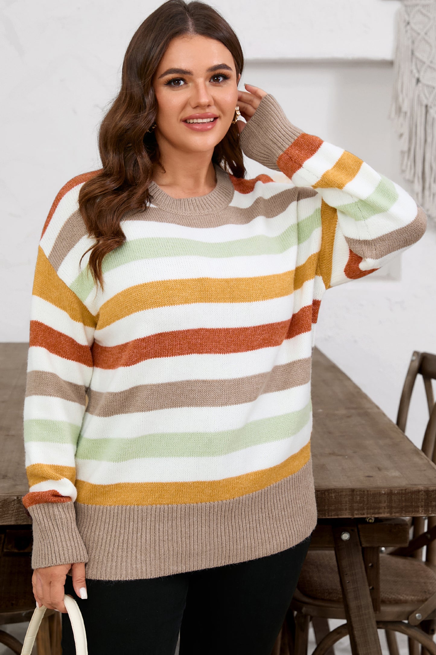 Striped Colorblock Drop Shoulder Plus Size Sweater