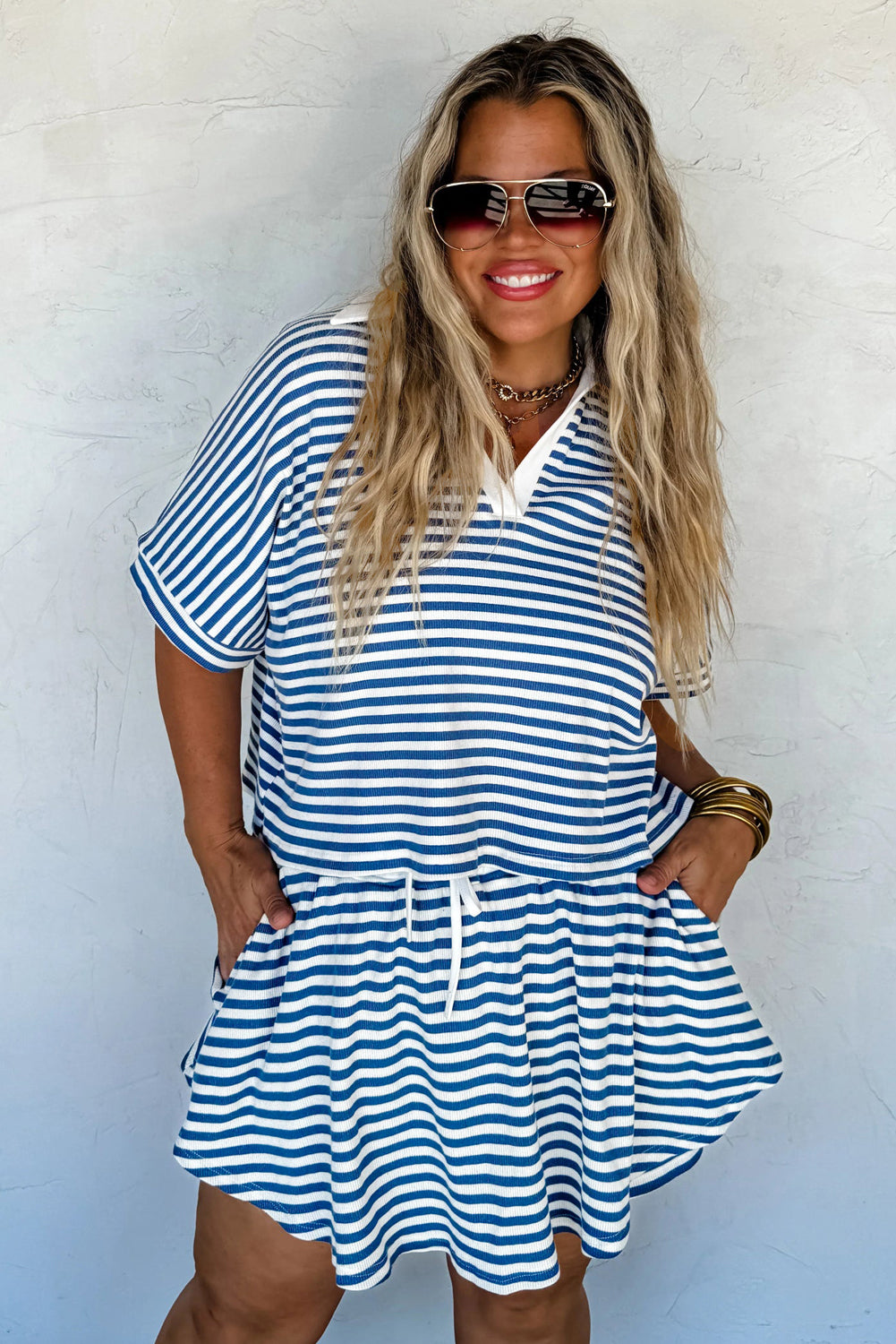 Short Sleeve Collared V Neck Top Plus Size Skort Set