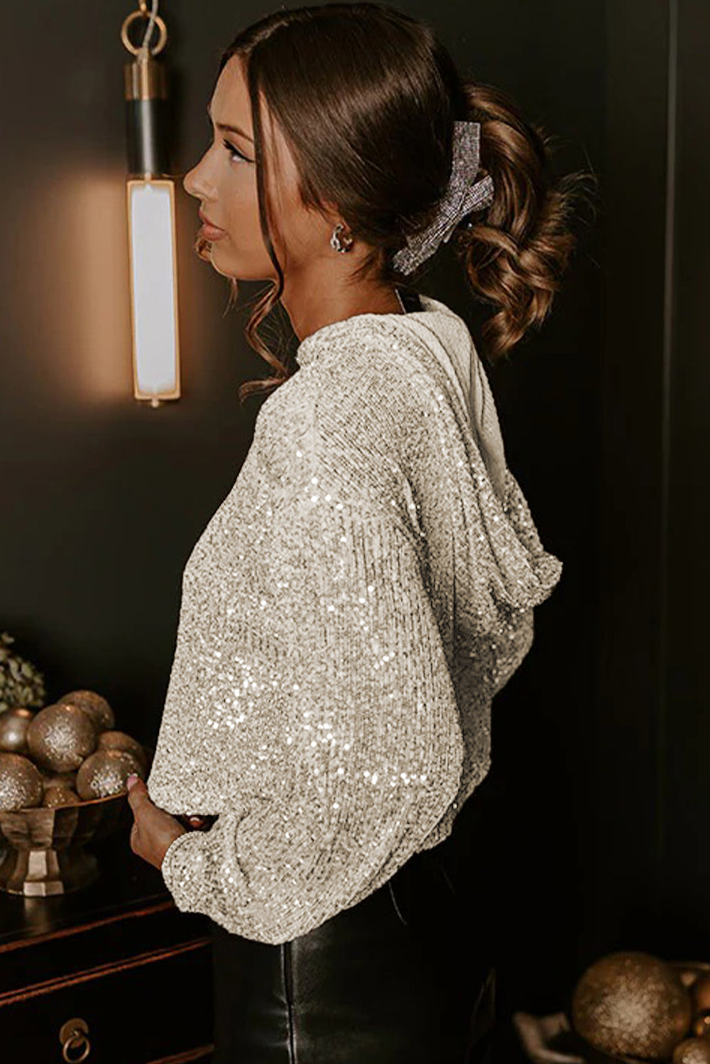 Sequin Hooded Long Sleeve Top