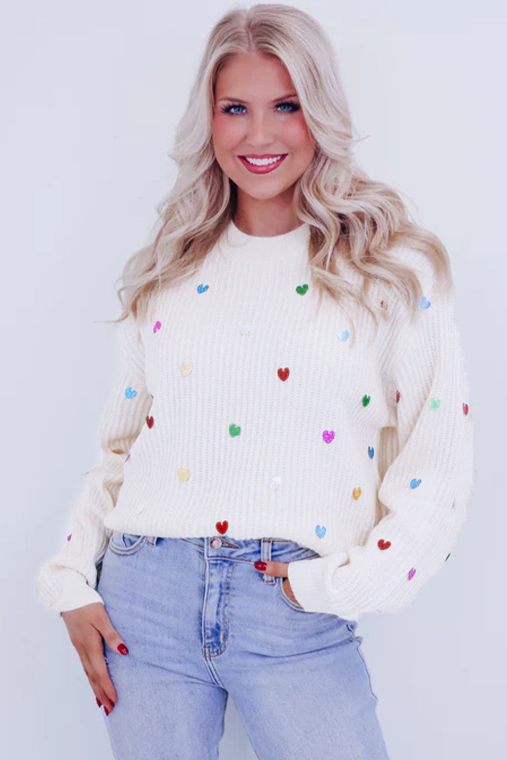 Sequin Heart Shape Waffle Knit Round Neck Sweater