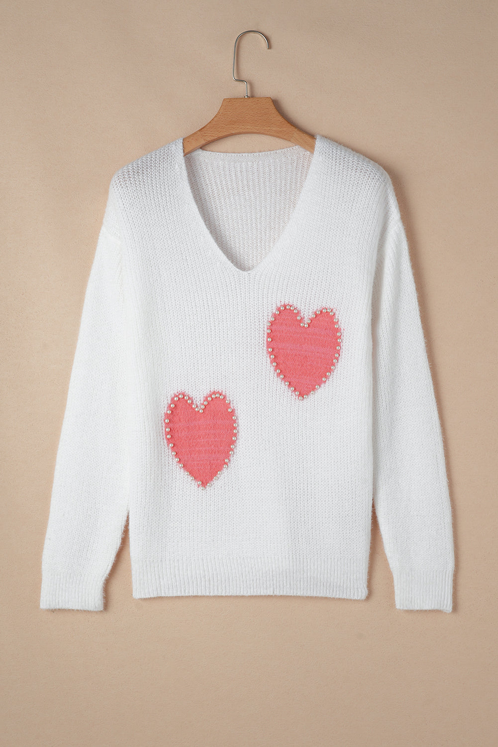 Pearl Beaded Heart Pattern Fuzzy V Neck Sweater