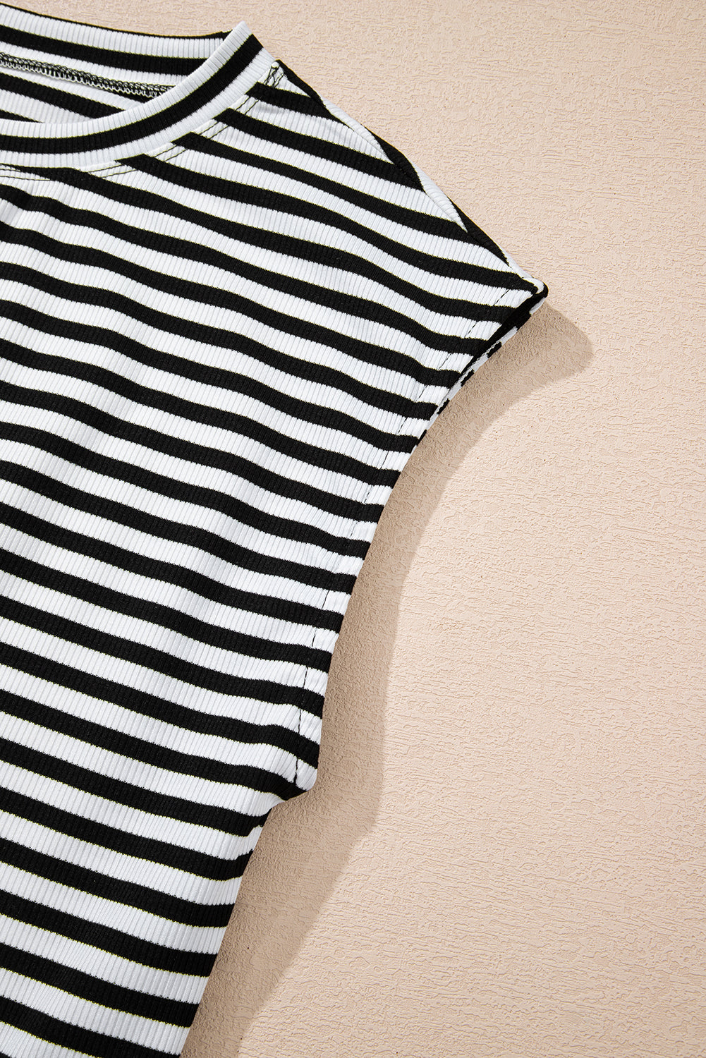 Stripe Ribbed Cap Sleeve Round Neck T Shirt