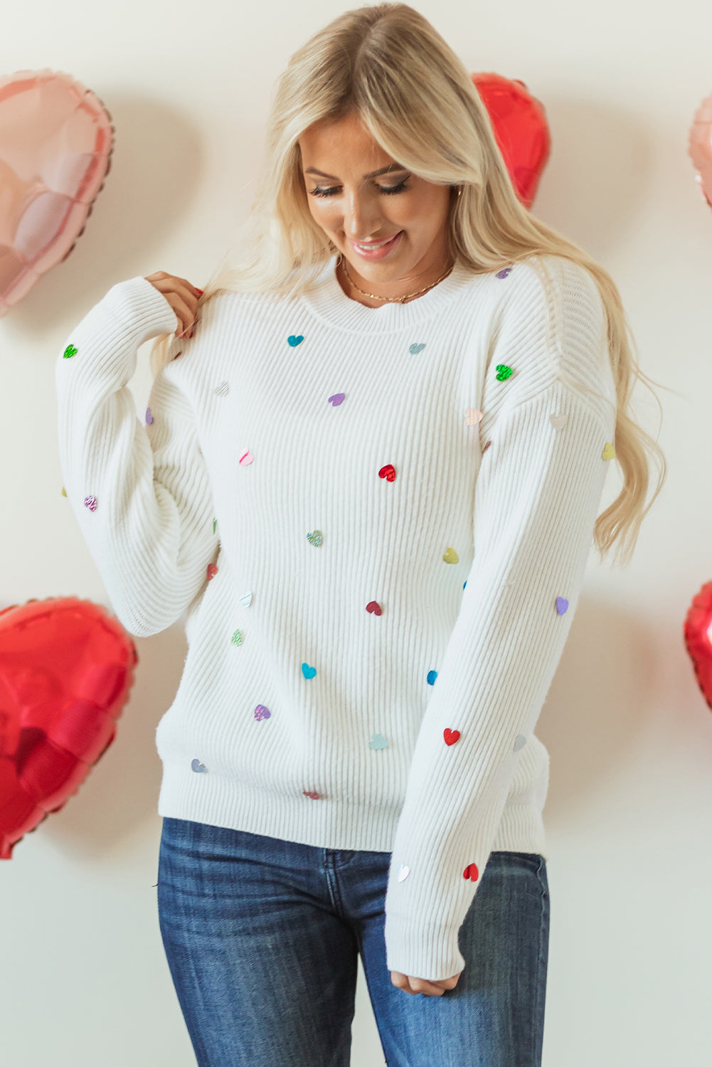 Sequin Heart Shape Waffle Knit Round Neck Sweater