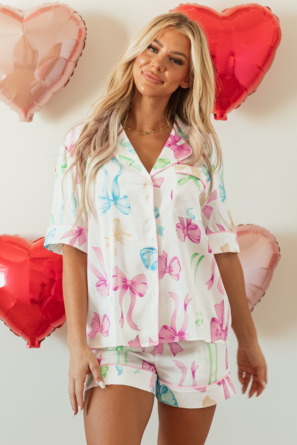 Bowknot Print Buttoned Shirt High Waist Shorts Pajama Set