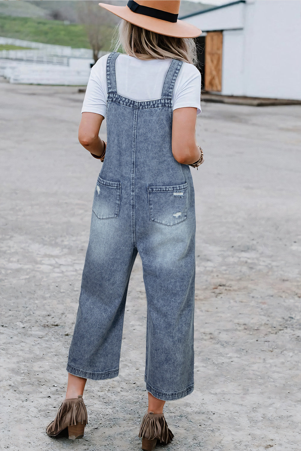 Distressed Bib Pocket Wide Leg Denim Overall