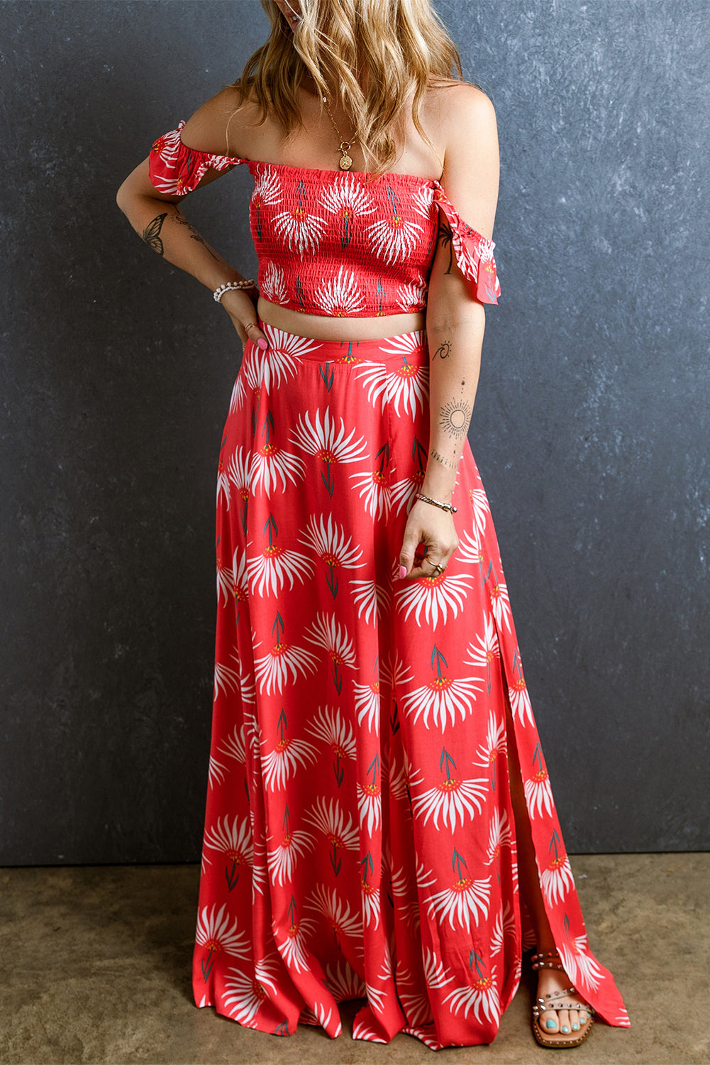 Floral Shirred Off Shoulder Crop Top and Slit Maxi Skirt Set