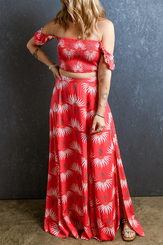 Floral Shirred Off Shoulder Crop Top and Slit Maxi Skirt Set