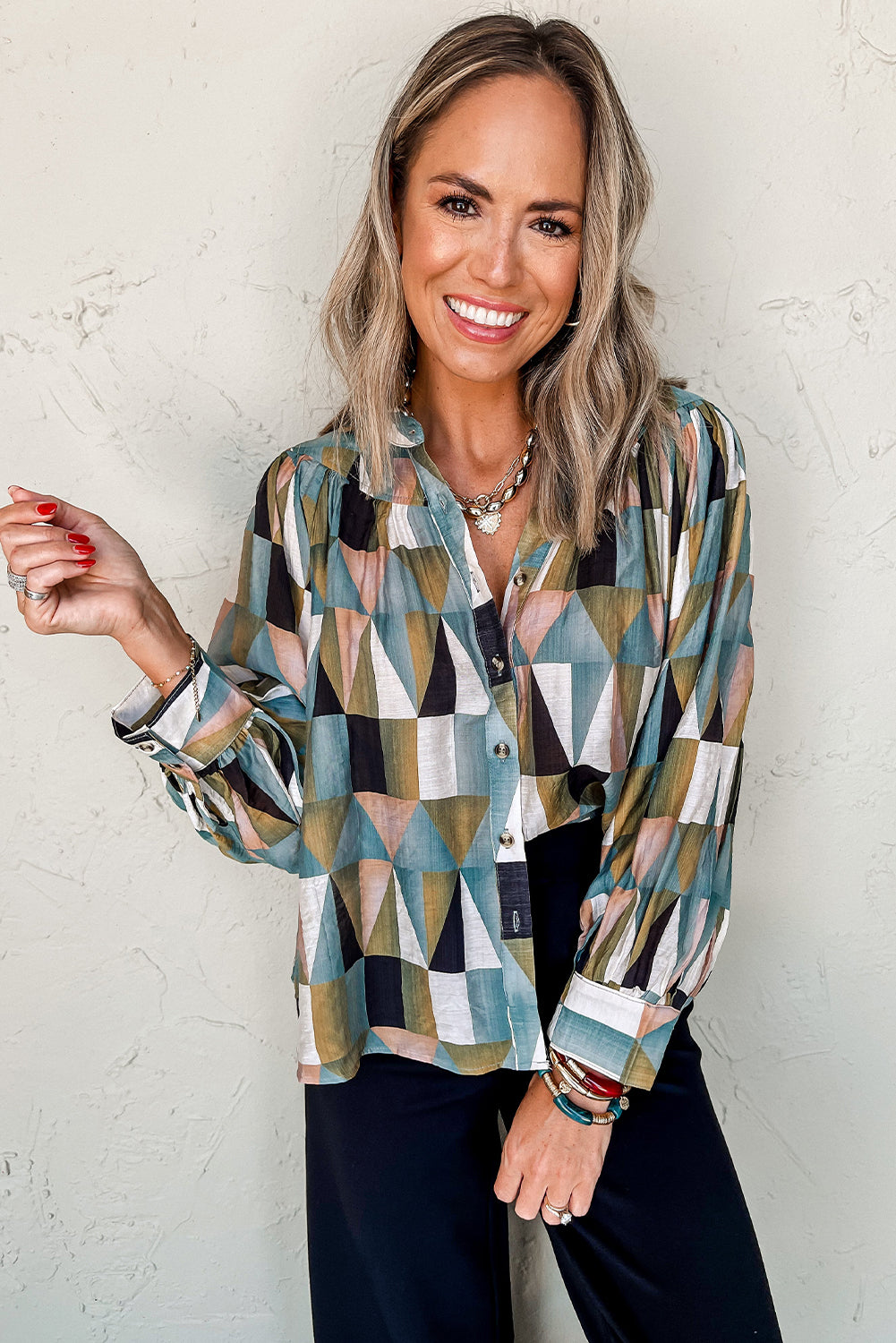 Geometric Print Buttoned Balloon Sleeve Loose Fit Shirt