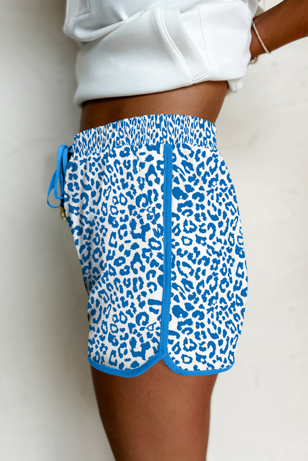 Leopard Elastic Waist Lace up Contrast Trim Casual Shorts