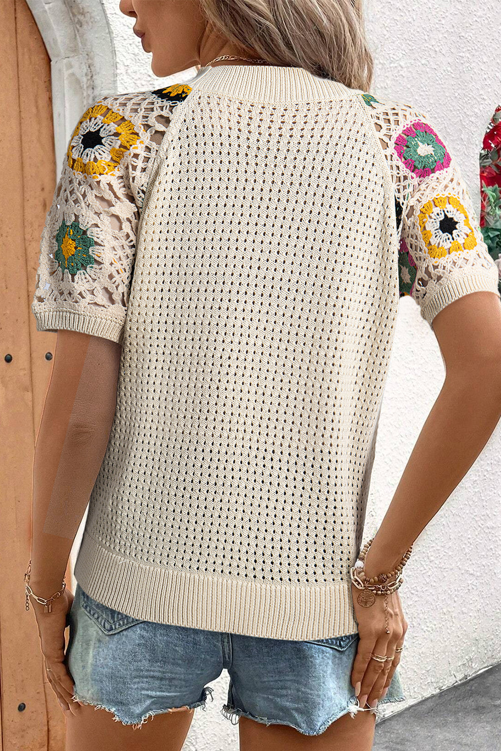 Hollow Out Floral Crochet Short Sleeve Crewneck Sweater