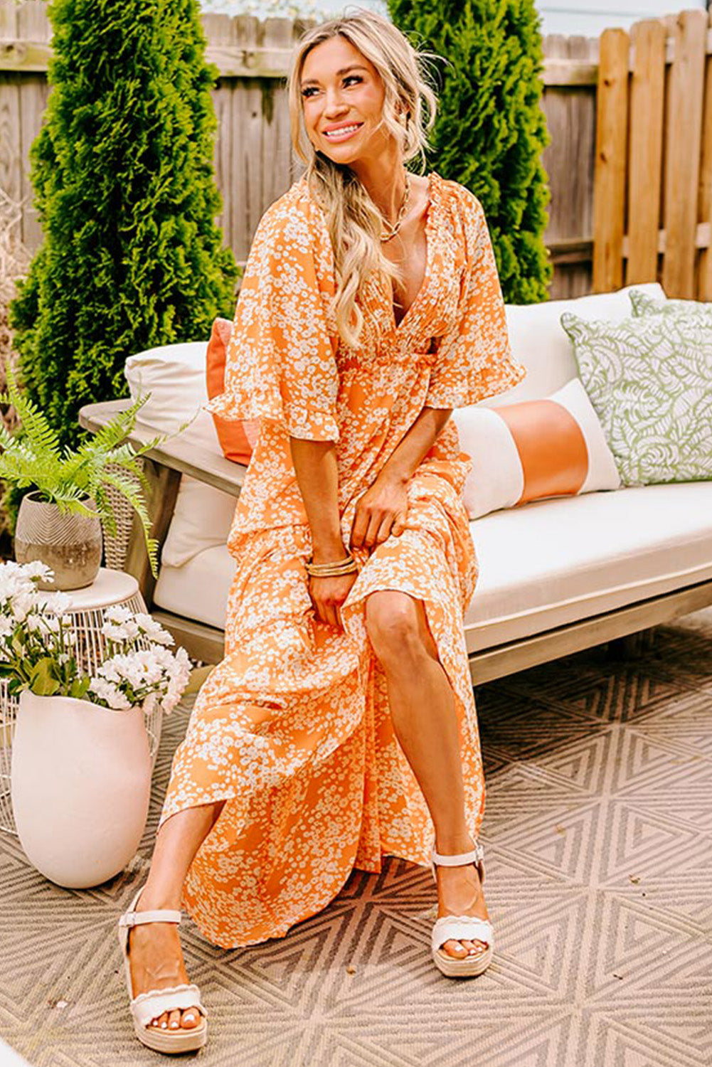 Floral Print Smocked V Neck Wide Sleeve Maxi Dress