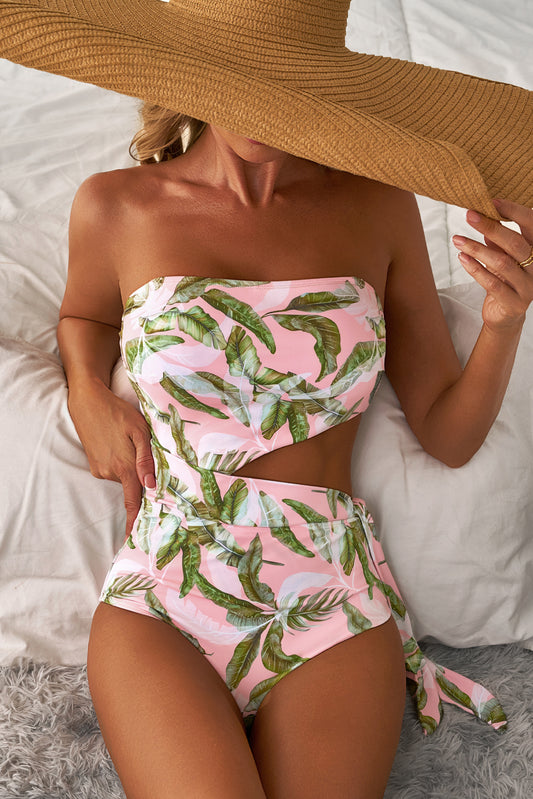 Tropical Asymmetric Cut out Halter Backless One Piece Swimwear