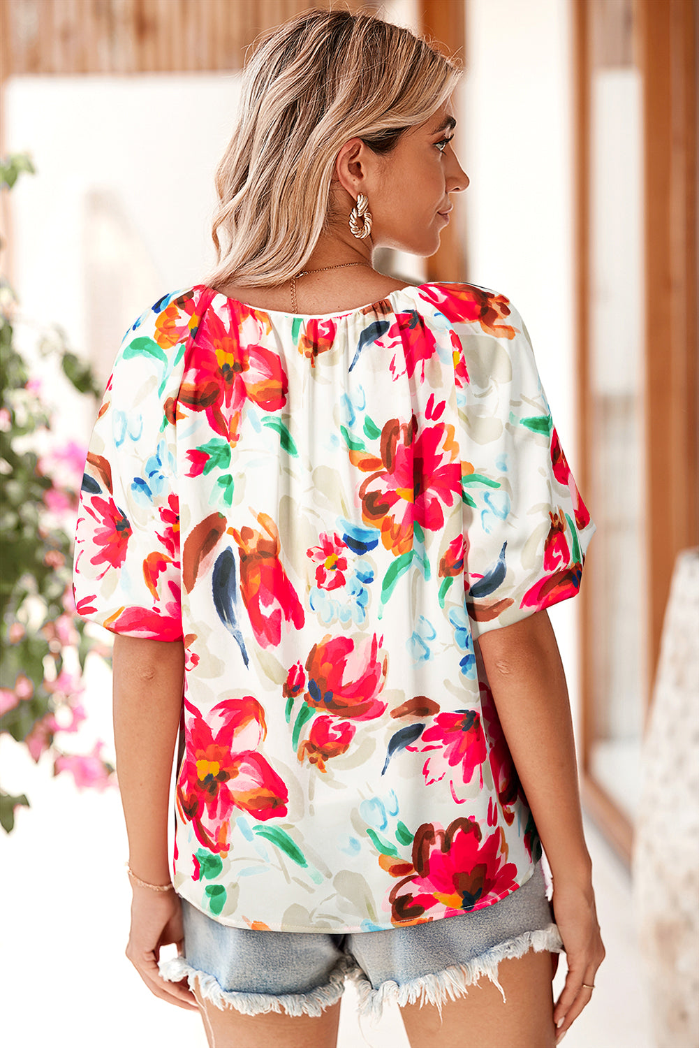 Floral Print Puffy Half Sleeve Blouse