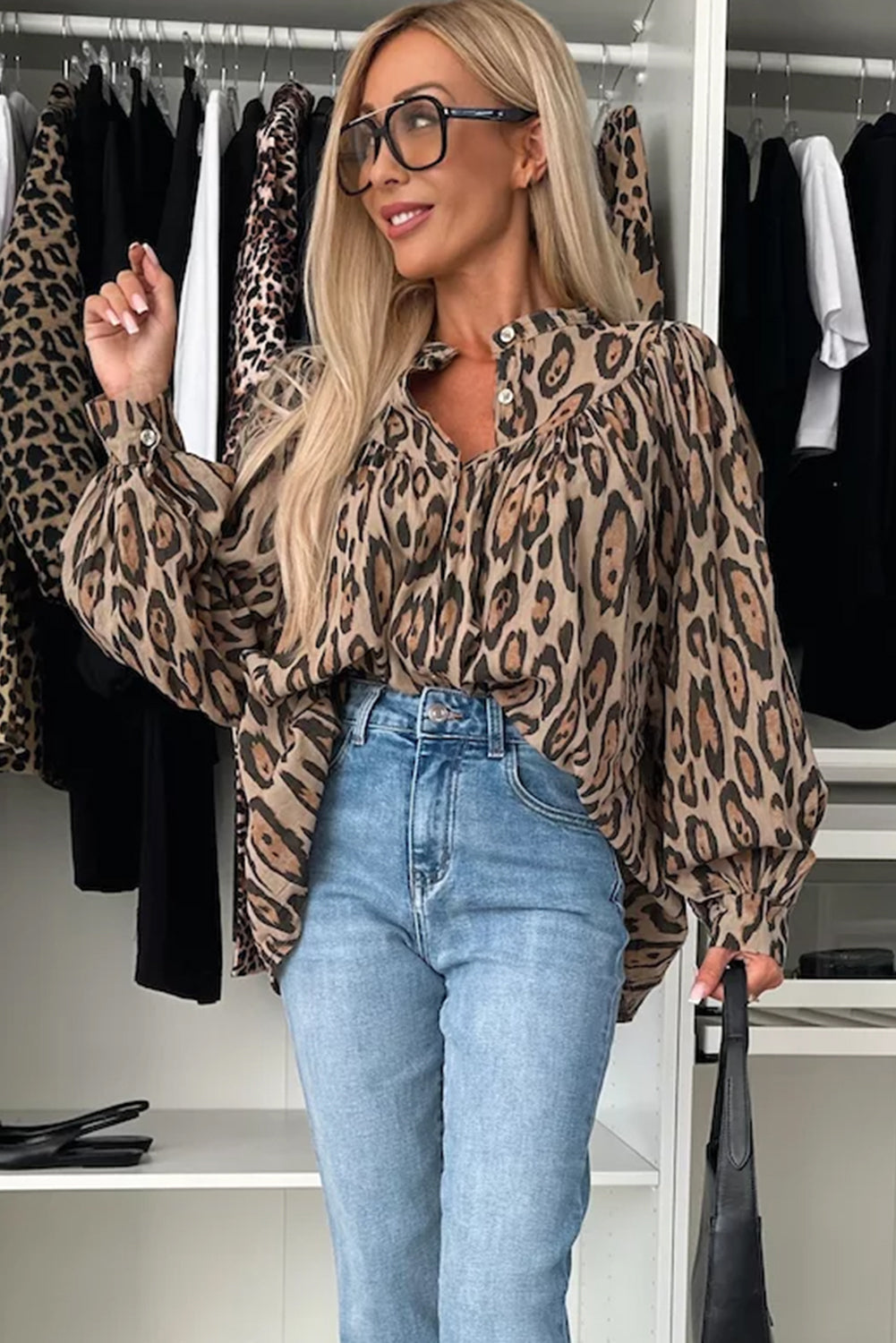 Oversized Leopard Print Balloon Sleeve Casual Shirt