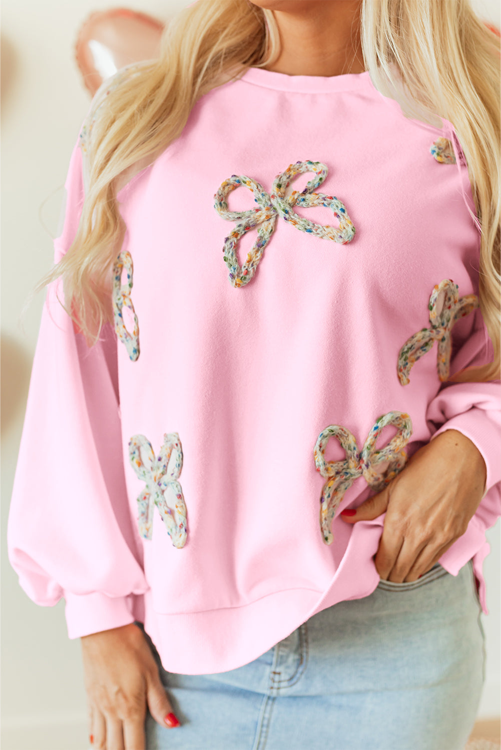 Embroidered Bow Lantern Sleeve Oversized Pullover Sweatshirt