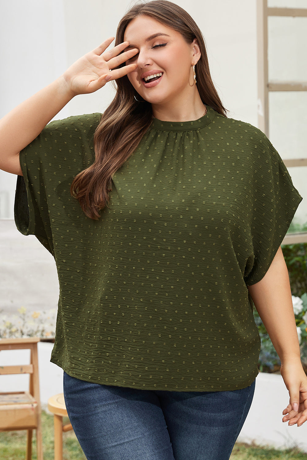 Plus Size Swiss Dot Mock Neck Tied Nape Top