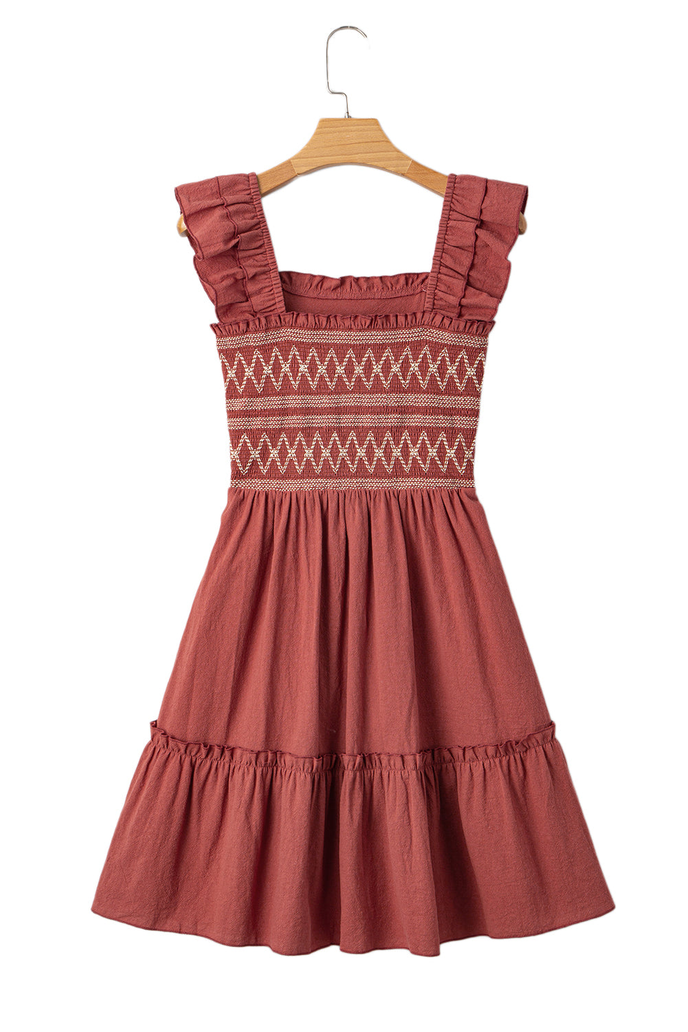 Geometric Stitch Shirred Bodice Ruffled Trim Sleeveless Mini Dress