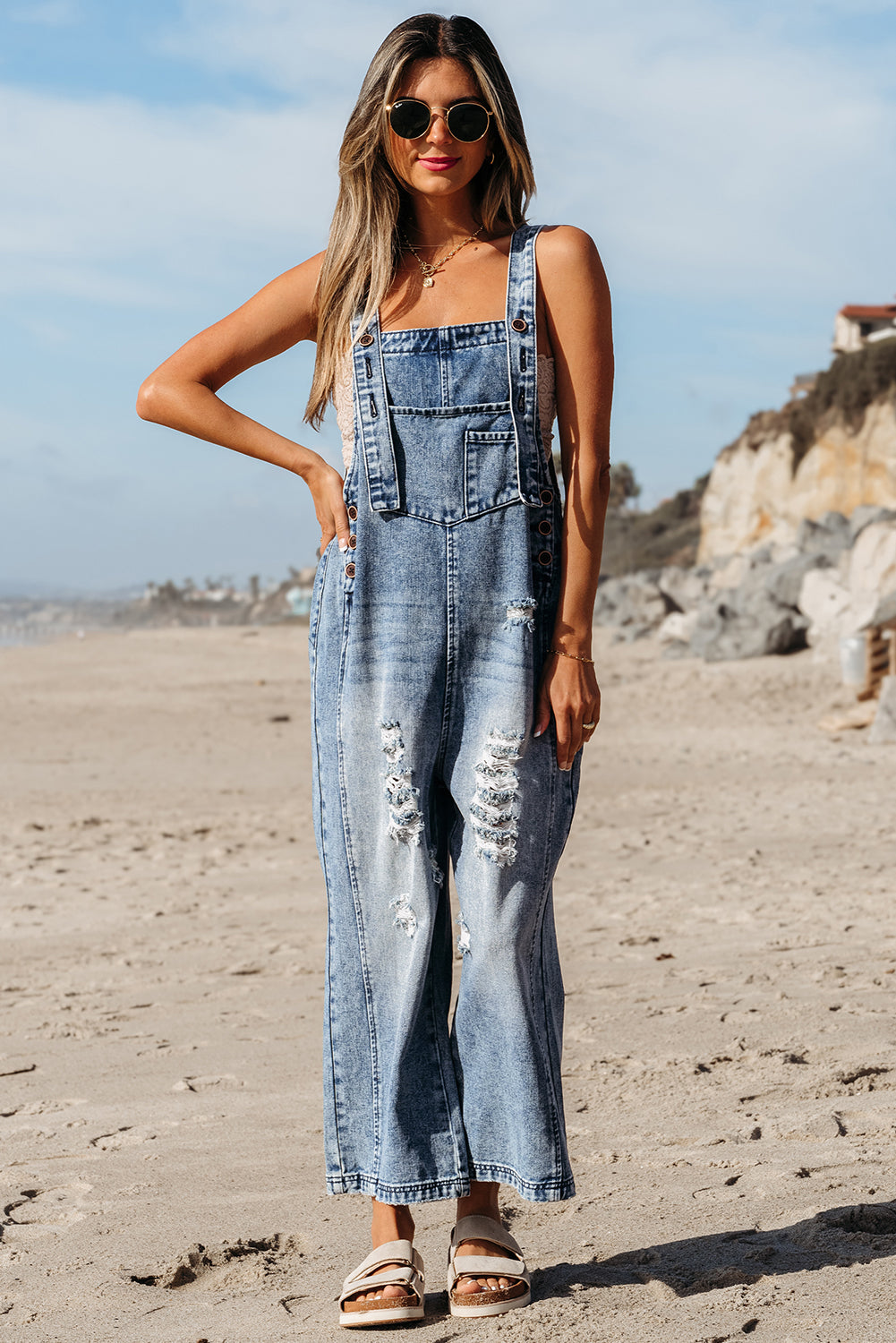 Distressed Bib Pocket Wide Leg Denim Overall