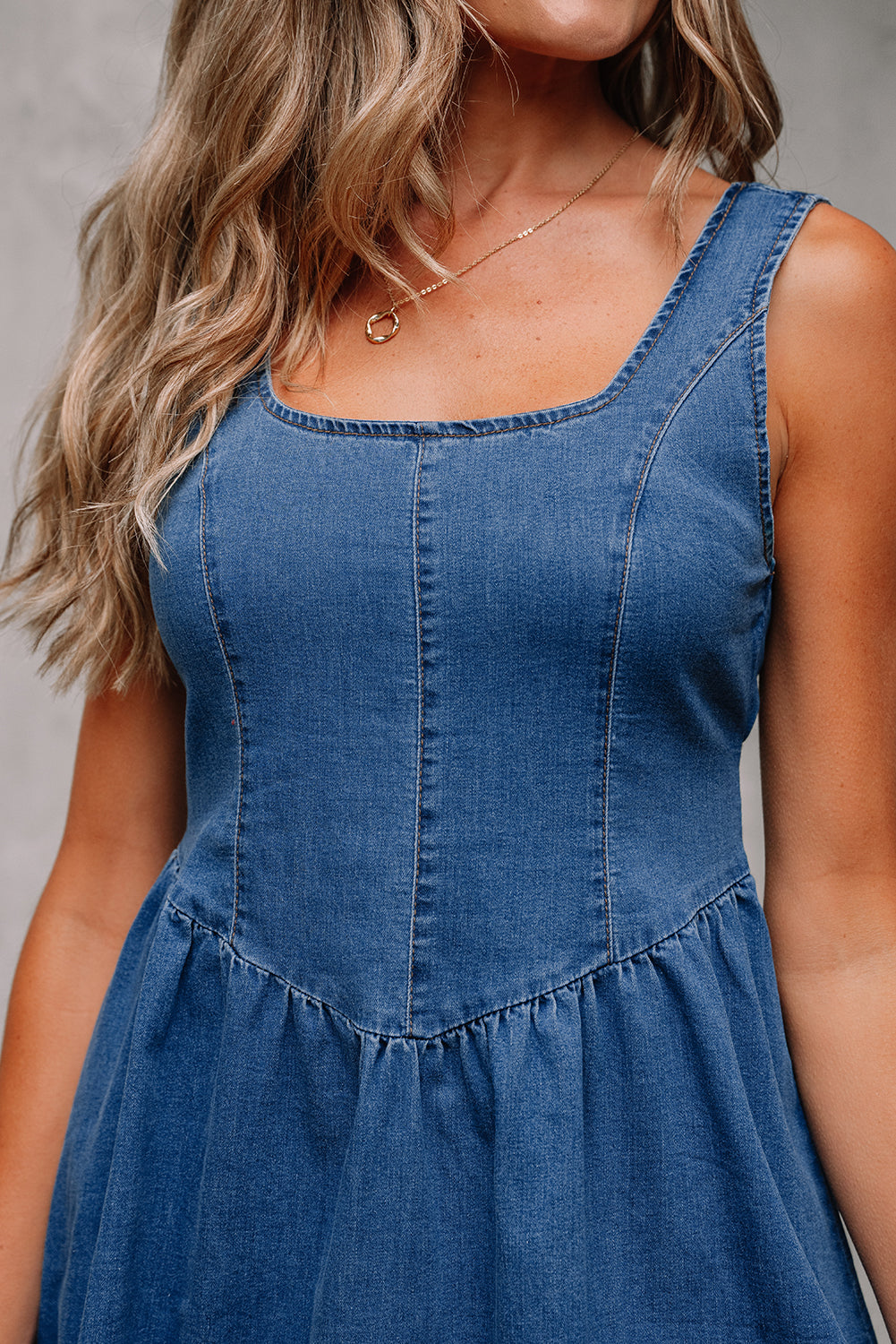 Square Neck Bowknot A-line Sleeveless Denim Dress