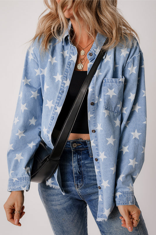 Star Print Light Wash Raw Hem Denim Jacket