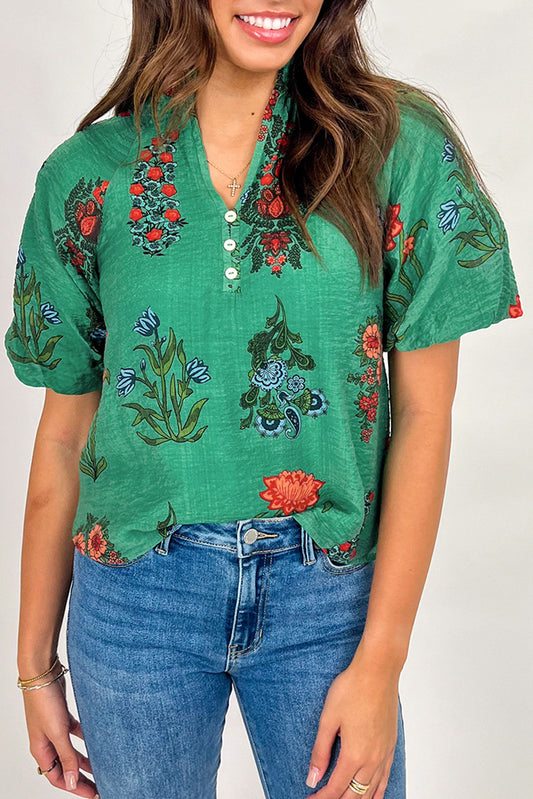Floral Print Buttoned V Neck Short Sleeve Blouse