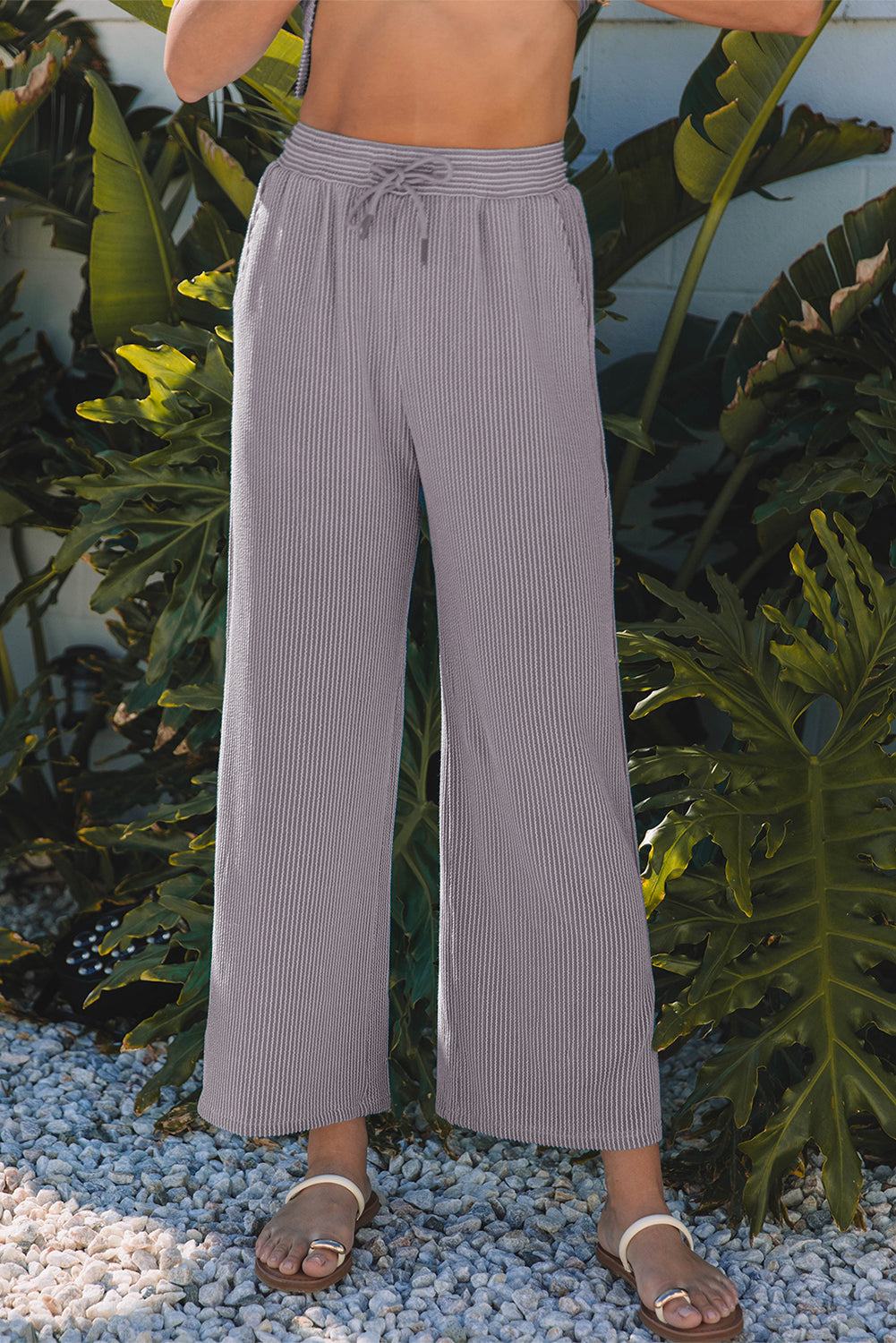 Solid Corded Knit Short Sleeve T Shirt and Wide Leg Pants Set