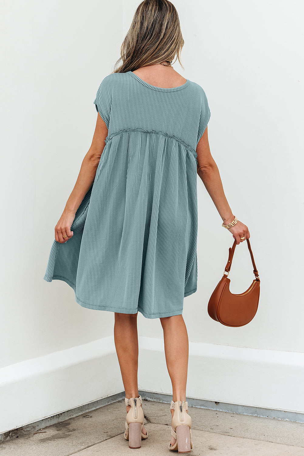 Corded Knit Textured Patched Pocket Frilled Swing Mini Dress with Pockets