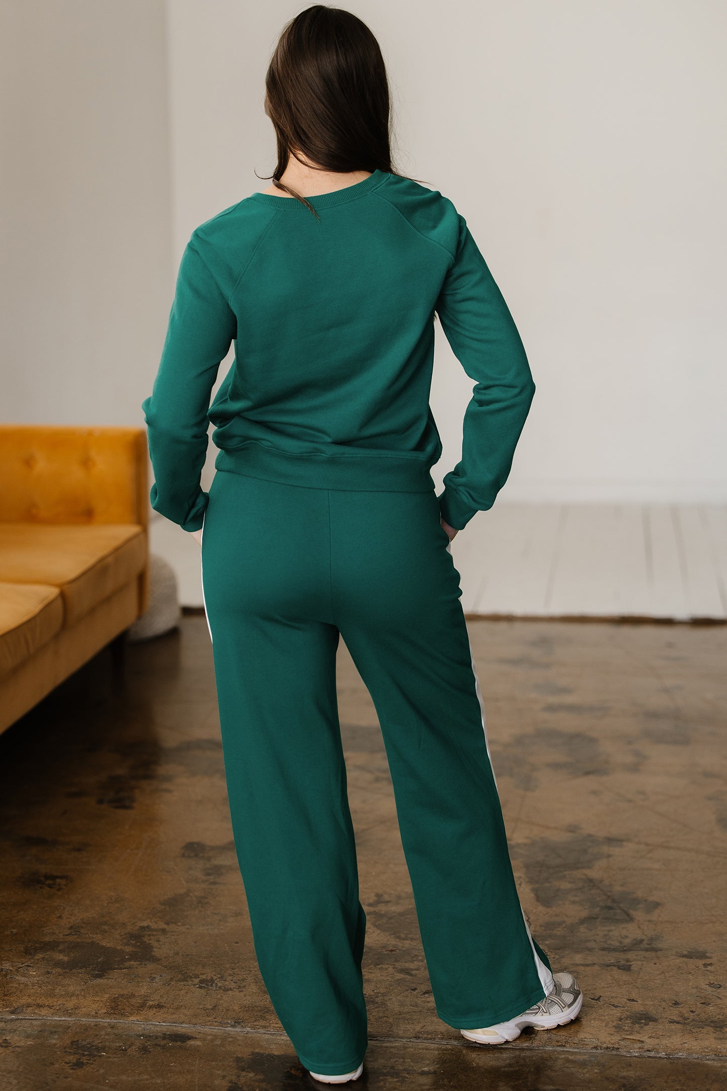 Solid Color Pullover Top Varsity Stripe Detail Loose Drawstring Pants Set
