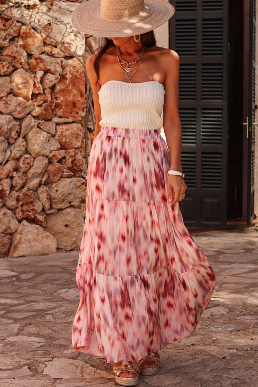 Abstract Watercolor Tie Dye Tiered Maxi Skirt