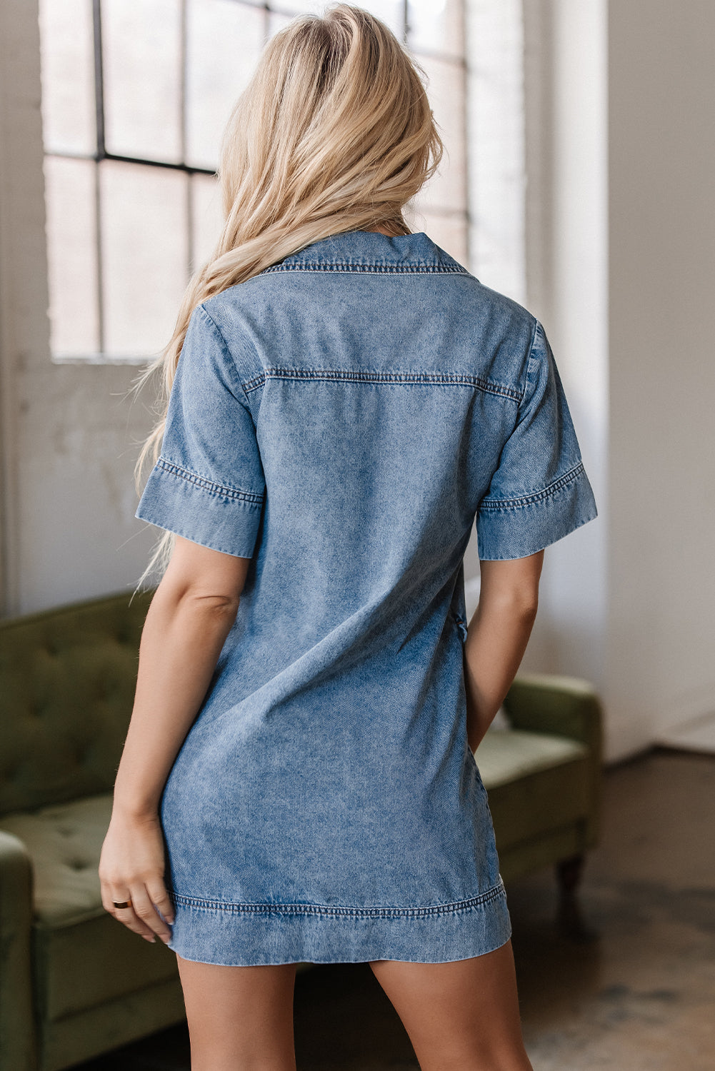 Short Sleeve Collared Patched Pocket Denim Mini Dress