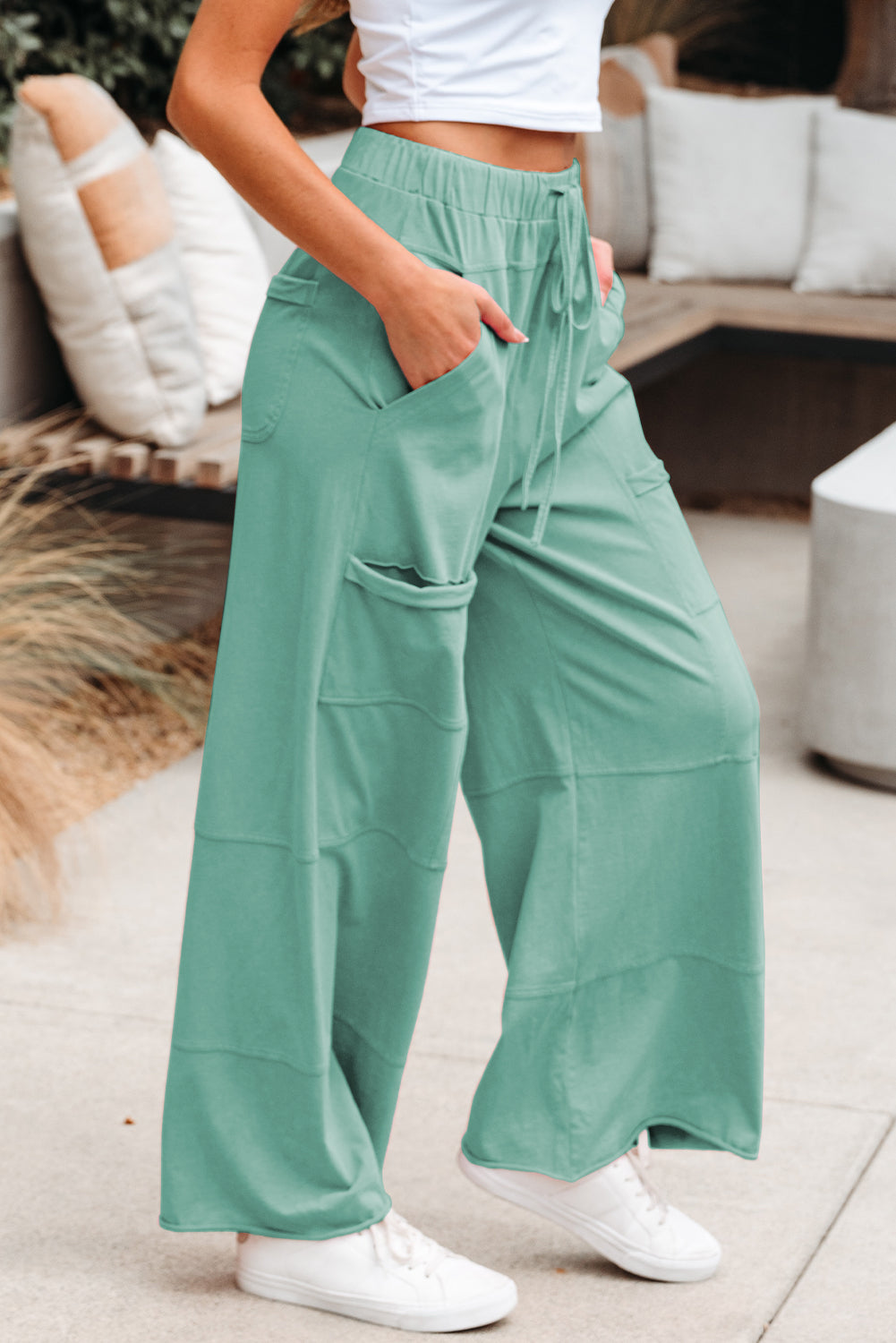Mineral Wash Exposed Seam Drawstring High Waist Wide Leg Cargo Pants